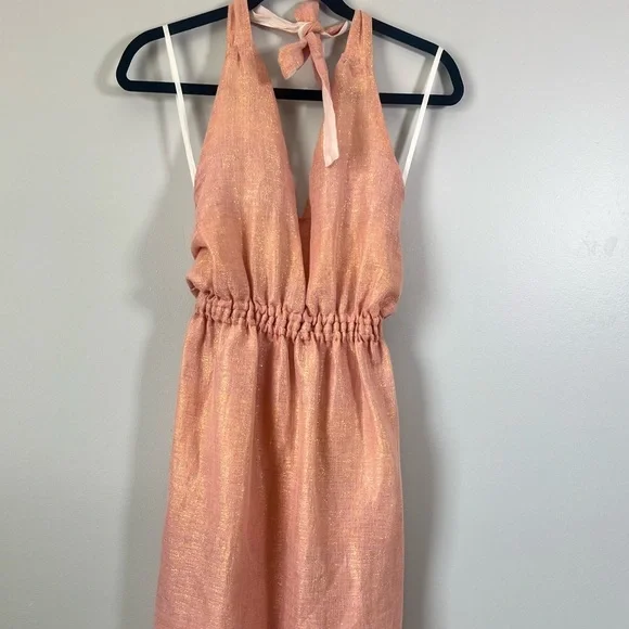 NWT Lemlem Tila Woven Halter Neck Midi Sundress Metallic Rose Shimmer XS - Picture 3 of 11
